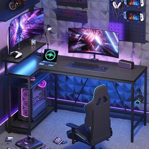 Bestier 58" Gaming Desk with Power Outlet & USB Ports, Reversible Small L Shaped Computer Desk with LED Strip & Headset Hooks for Home Office, Carbon Fiber Black