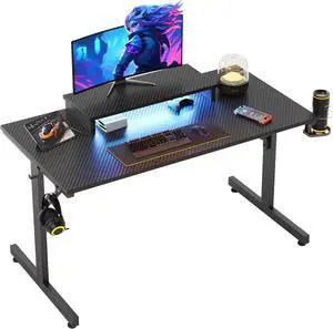 Bestier Small Gaming Desk with Monitor Stand, 42 inch LED Computer Desk, Gamer Workstation with Cup Holder & Headset Hooks for Home Office, Carbon Fiber Black