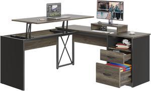 Bestier 95.2" Lift Top L-Shaped Desk with Storage Drawers, 9 Inch Lift Standing Office Desk with Movable Computer Monitor Stand, Dark Gray