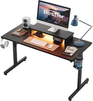 Bestier Small Gaming Desk with Monitor Stand, 42 inch LED Computer Desk, Gamer Workstation with Cup Holder & Headset Hooks for Home Office, Black Bestier Small Gaming Desk with Monitor Stand, 42 inch LED Computer Desk, Gamer Workstation with Cup Holder & Headset Hooks for Home Office, Black