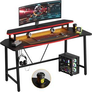 Bestier Gaming Desk 63'' Computer Office table with LED Lights & Monitor Stand, Carbon Fiber Black