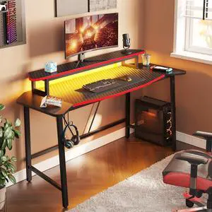Bestier Gaming Desk with Monitor Stand, 63 inch LED Computer Desk with Cup Holder & Headset Hooks, Modern Gamer Workstation for Home Office, Carbon Fiber Black