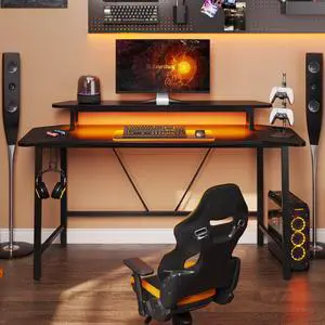 Bestier Gaming Desk with Monitor Stand, 63 inch LED Computer Desk with Cup Holder & Headset Hooks, Modern Gamer Workstation for Home Office, Black