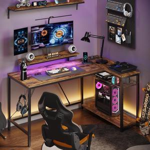 Bestier 52" Gaming Desk with Power Outlet & USB Ports, Reversible Small L Shaped Computer Desk with LED Strip & Headset Hooks for Home Office, Rustic Brown