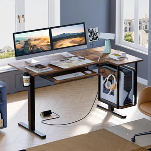 Bestier 58 Inch Electric Standing Desk, Adjustable Height Computer Desk with Keyboard Tray & Host Shelf for Home Office, Rustic Brown Bestier 58 Inch Electric Standing Desk, Adjustable Height Computer Desk with Keyboard Tray & Host Shelf for Home Office, Rustic Brown