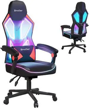 Bestier RGB LED Gaming Chair with Pocket Spring Cushion and  Adjustable Lumbar Support, Ergonomic Breathable Fabric Computer Office Chair for Gaming Room, Study or Bedroom, Black/ Red