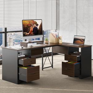 Bestier 63 L Shaped Desk with 2 File Drawers & Monitor Stand, Reversible Computer Desk with 4 Storage Drawers, Home Office Desk, Corner Desk