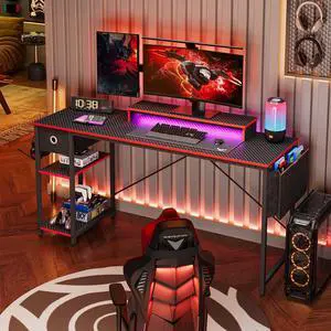 Bestier 61 inch Gaming Desk with LED Lights & Monitor Stand, Reversible Computer Desk with Drawer & Storage Shelves, Carbon Fiber Black