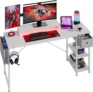 Bestier 61 inch Gaming Desk with LED Lights & Monitor Stand, Reversible Computer Desk with Drawer & Storage Shelves, Carbon Fiber Black 61" White