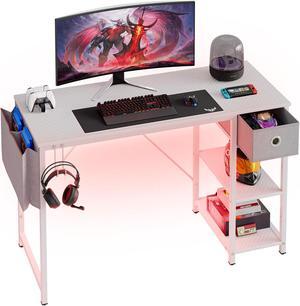 Bestier 47 inch Gaming Desk with LED Lights & Monitor Stand, Reversible Computer Desk with Drawer & Storage Shelves, Carbon Fiber Black 47" White