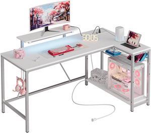 Bestier 58" L-Shaped Gaming Desk with LED Lights, Power Outlets, and Monitor Stand Carbon Fiber White