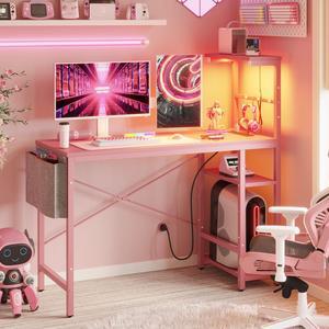 Bestier 44 inch LED Gaming Desk with Outlets & USB Ports Computer Desk with Storage Shelves in Pink Carbon Fiber