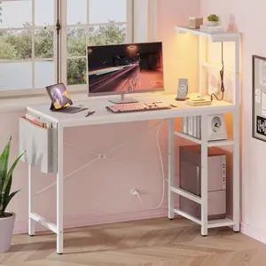 Bestier 44 inch LED Gaming Desk with Outlets & USB Ports Computer Desk with Storage Shelves in Pink Carbon Fiber White