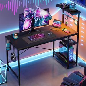 Bestier 44 in. Rectangular Black Grained Gaming Desk with RGB LED Lights Computer Desk with 4 Tier Storage Shelves and Hooks