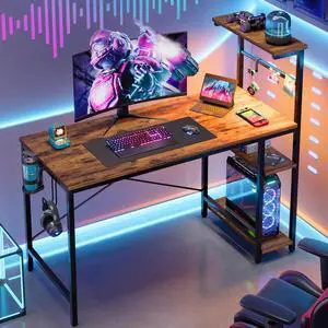 Bestier 44 in Rectangular Gaming Desk with RGB LED Lights Computer Desk with 4 Tier Storage Shelves and Hooks Rustic Brown