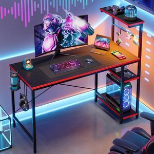 Bestier 44" Rectangular Gaming Desk with RGB LED Lights and Adjustable Storage Shelves, Carbon Fiber Black Finish, with Foldable Cup Holder and Headphone Hook, Easy Assembly