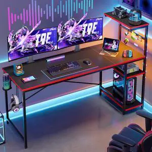 Bestier 61 RGB Gaming Desk for Dual Monitors, Computer Workstation with 4 Storage Shelves, Hooks, Cup Holder & Magnet Board, Black