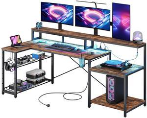 Bestier L Shape Gaming Desk 71inch with LED Light Strip, Monitor Stand, Multi-Functional Storage and Filing Cabinet for Home Office Rustic Brown