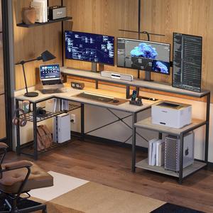 Bestier L Shape Gaming Desk 71inch with LED Light Strip, Monitor Stand, Multi-Functional Storage and Filing Cabinet for Home Office Grey