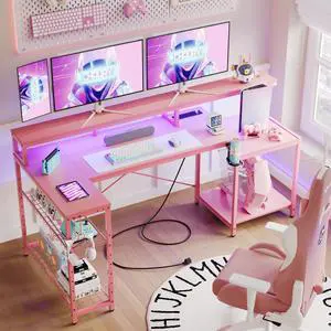 Bestier L Shape Gaming Desk with Power Outlets, 71inch Computer Desk with LED Light Strip, Monitor Stand, Multi-Functional Storage and Filing Cabinet for Home Office Pink