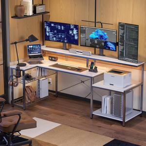 Bestier L Shape Gaming Desk 71inch with LED Light Strip, Monitor Stand, Multi-Functional Storage and Filing Cabinet for Home Office White