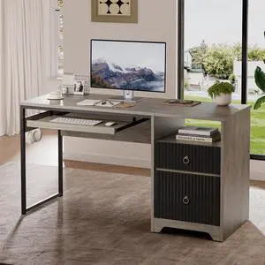 Bestier 55 Inch Computer Desk with Keyboard Tray, Modern Office Desk with Storage, Wood Writing Desk with File Drawer, Fluted Panel & 2 Hooks for Home Office & Studio Gray