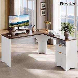 Bestier L Shaped Desk with File Drawer, 55.7" x 55" Office Computer Desk with Round Corners, Modern Desk with Monitor Stand & Fluted Panels for Home Office