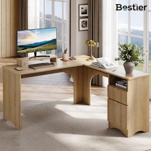 Bestier L Shaped Desk with File Drawer, 55.7" x 55" Office Computer Desk with Round Corners, Modern Desk with Monitor Stand & Fluted Panels for Home Office Natural Oak