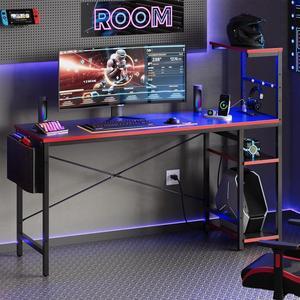 Bestier 61.3 Inch Gaming Desk, 4 Tier Shelf Computer Desk with USB Socket, LED Lighting, Side Storage Bag and Accessories Hanger for Gaming and Working, Carbon Fiber Black/Red