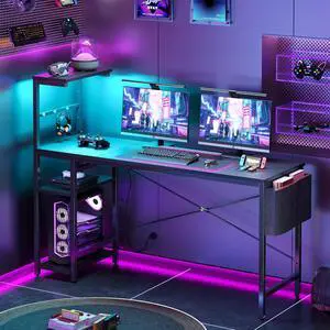 Bestier 61.3 Gaming Desk with LED Lights, 4-Tier Shelf Computer Desk with Side Storage Bag & Headphone Hook, Black Home Office Workstation