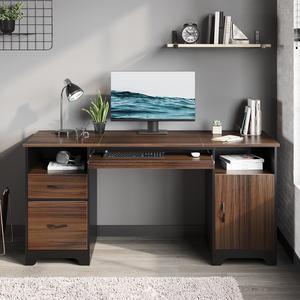 Bestier 59Computer Desk with Drawers,Office Executive Desk with Keyboard Tray, Writing Desk with Storage Cabinet and File Drawer,Cherry