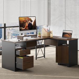 Bestier 63'' L Shaped Home Office Desk with File&Storage Drawers and Cabinet,Corner Computer Desk with Monitor Stand and Open Compartments,Cherry