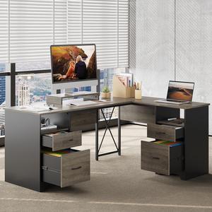 Bestier 63 L Shaped Desk with 2 File Drawers & Monitor Stand, Reversible Computer Desk with 4 Storage Drawers, Home Office Desk, Corner Desk Gray