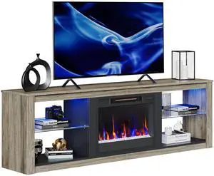Bestier Fireplace Tv Stand with LED Glass Shelves Media Console Entertainment Gaming Center Heater Inside for Up to 75" Tvs Gray