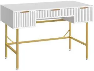 Bestier 47.6Fluted Vanity Makeup Desk,Computer Writing Desk with 3 Drawers,White