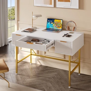 Bestier 47.6 Inch Fluted Computer Writing Desk with Drawers for Home Office, White and Gold Vanity Desk, Modern Simple Makeup Desk for Bedroom Bestier 47.6 Inch Fluted Computer Writing Desk with Drawers for Home Office, White and Gold Vanity Desk, Modern Simple Makeup Desk for Bedroom