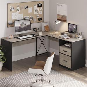 Bestier 55'' L Shaped Home Office Desk with File&Storage Drawers and Cabinet,Corner Computer Desk with Monitor Stand and Open Compartments,Gray