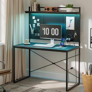 Bestier 39 Computer Desk with Power Outlets and LED Light,Home Office Desk with Hutch and Pegboard, Black