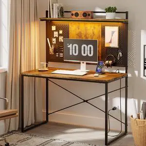 Bestier 39 Computer Desk with Power Outlets and LED Light,Home Office Desk with Hutch and Pegboard, Brown