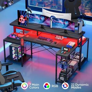 Bestier 71.5" L-Shaped Gaming Desk with RGB LED Lights & Power Outlet, Ergonomic Monitor Stand, Corner Computer Desk for Home Office & Gaming Room, Black