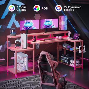Bestier 71.5 L Shaped Computer Desk with LED, Corner Gaming Desk with Power Outlet,Pink