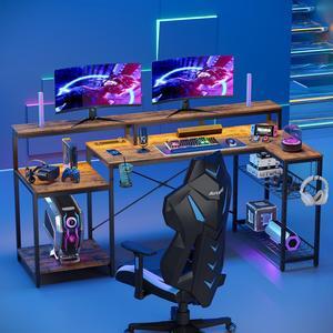 Bestier 71.5 L Shaped Computer Desk with LED, Corner Gaming Desk with Power Outlet,Brown