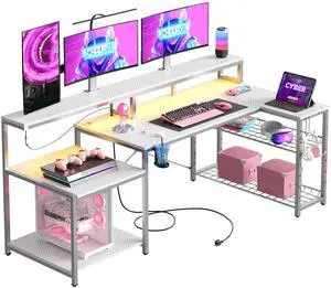 Bestier 71.5 Dual Monitor Gaming Desk with LED Lights, Power Outlets & Ergonomic Stand, L-Shaped Corner Desk for Office or Gaming Room, White
