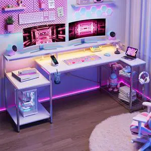 Bestier 71.5 L Shaped Computer Desk with LED, Corner Gaming Desk with Power Outlet,White