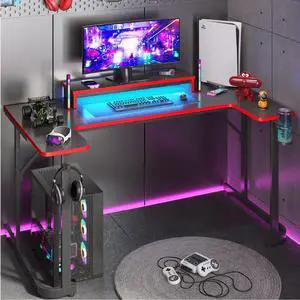 Bestier 59 U-Shaped Gaming Desk with LED Monitor Stand,Headphone Hooks and Cup Holder,Black