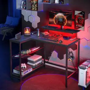 Bestier 42 L Shaped Computer Desk with LED, Corner Gaming Desk with Power Outlet,Reversible Storage Shelves and Hooks,Black Marble
