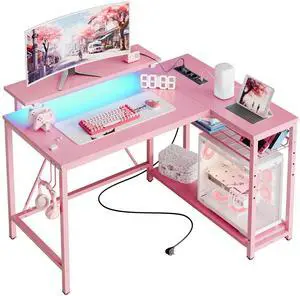 Bestier 42 L Shaped Computer Desk with LED, Corner Gaming Desk with Power Outlet,Reversible Storage Shelves and Hooks,Pink