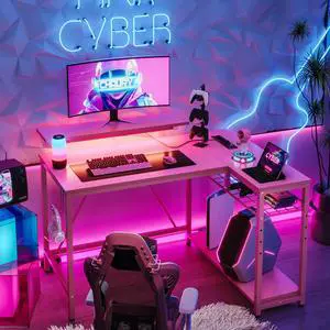 Bestier 42 L Shaped Computer Desk with LED, Corner Gaming Desk with Power Outlet,Reversible Storage Shelves and Hooks,Pink