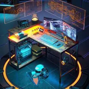 Bestier 42 L Shaped Computer Desk with LED, Corner Gaming Desk with Power Outlet,Reversible Storage Shelves and Hooks,Rustic Brown
