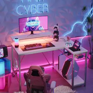 Bestier 42 L Shaped Computer Desk with LED, Corner Gaming Desk with Power Outlet,Reversible Storage Shelves and Hooks, White